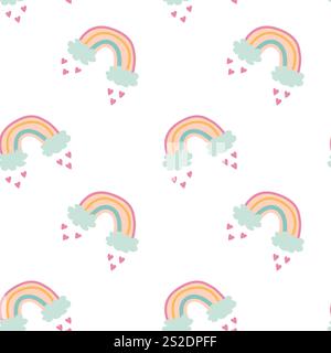 Seamless pastel rainbow heart pattern on white background. Stock Vector