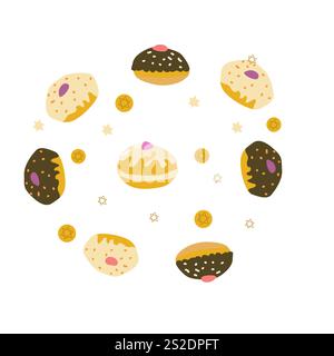Colorful hand-drawn donuts and star patterns on white background. Stock Vector