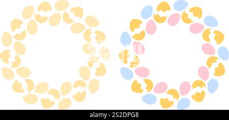 Whole and Cracked Eggs Circular Frames golden monochrome and multicolored. Copy space Template idea. Set 2. Isolated Vector illustration Thematic cards, labels or web promo banner, leaflets, booklets Stock Vector