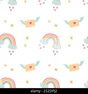 Whimsical pastel pattern with envelopes, rainbows, and stars. Stock Vector