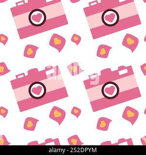 Pink camera and heart pattern with speech bubbles. Stock Vector
