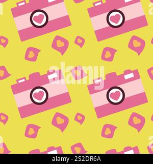 Retro pink cameras and hearts pattern on vibrant yellow background. Stock Vector