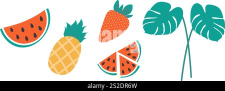 Monstera leaves on steam, strawberry, pineapple and watermelon slices. Summer design elements Set 5. Isolated Vector illustration Thematic cards or web promo banners, leaflet, price tag, label, poster Stock Vector