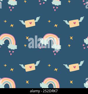 Whimsical pattern with winged envelopes, rainbows, and stars on dark background. Stock Vector