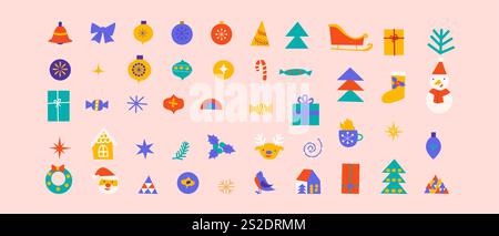 Festive holiday icons collection: ornaments, trees, and gifts on pastel background. Stock Vector
