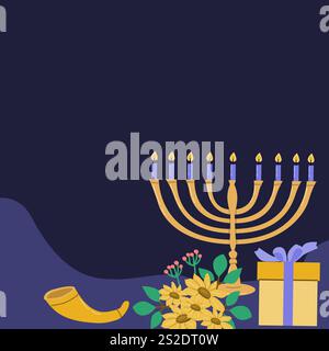 Hanukkah celebration: menorah with gifts, horn, and flowers on dark background. Stock Vector