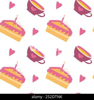 Seamless pattern of cake slices with candles, heart cups, and hearts. Stock Vector