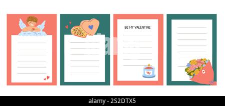 Valentine card set with cute angel, hearts, candle, and flowers. Stock Vector