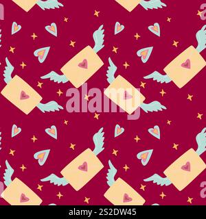 Whimsical winged envelopes and hearts pattern on deep red background. Stock Vector