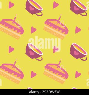 Colorful tea and cake pattern with hearts on vibrant yellow background. Stock Vector