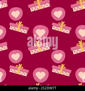 Charming valentine's day pattern with heart-shaped balloons and gift boxes. Stock Vector