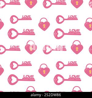 Seamless pattern of pink heart locks and love keys on white background. Stock Vector