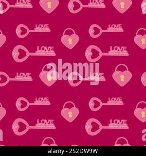 Seamless pattern of pink heart locks and love keys on red background. Stock Vector