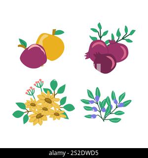 Colorful fruit and floral icons on a white background. Stock Vector