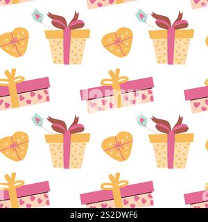 Colorful gift boxes and hearts pattern on white background. Stock Vector