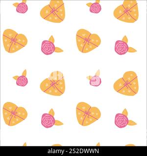 Heart and rose pattern with yellow hearts and pink roses on white background. Stock Vector