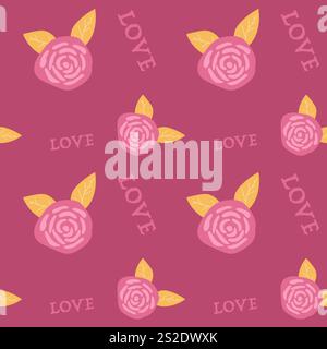 Floral pattern with pink roses and love text on burgundy background. Stock Vector