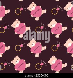 Cute valentine's day teddy bear and ring pattern on dark background. Stock Vector