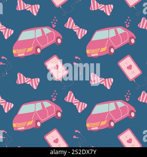 Playful pink car, phone, and bow pattern on blue background for kids' designs. Stock Vector