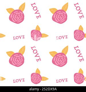 Pink floral pattern with rose and love typography and yellow leaves. Stock Vector