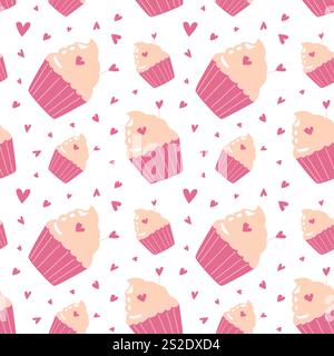 Cute cupcake and heart pattern with pink icing and sprinkles on white background. Stock Vector