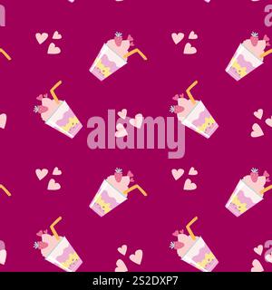Seamless pattern of milkshakes with hearts on a berry background. Stock Vector