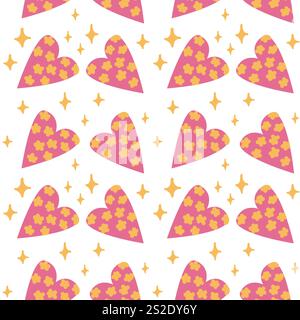 Pink hearts with yellow floral pattern and golden stars on white background. Stock Vector