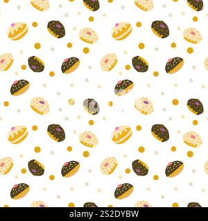 Seamless donut pattern with chocolate, vanilla, and sprinkles on white background. Stock Vector