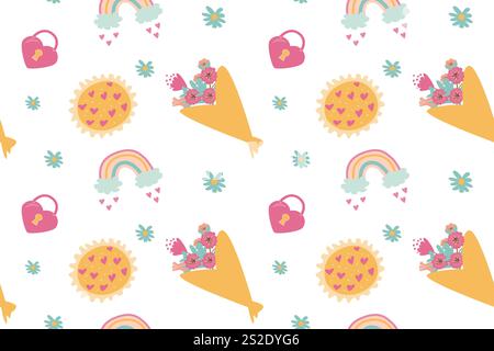 Colorful pattern with hearts, flowers, rainbows, and suns. Stock Vector