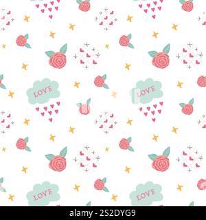 Colorful floral and heart pattern with rose motifs on white background. Stock Vector