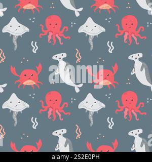 Cute cartoon sea creatures seamless pattern with octopus, crab, and stingray. Stock Vector