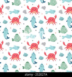 Colorful marine life pattern with cute crabs, fish, and seashells. Stock Vector