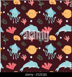 Colorful marine pattern with dolphins, squid, and coral on dark background. Stock Vector
