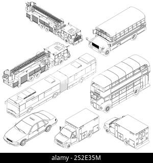 Collection of vehicles including a bus, a fire truck, and a car. The vehicles are all drawn in black and white. Isometric view Stock Vector