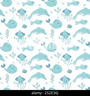 Cute aquatic animal pattern with dolphins, whales, fish, and squids in teal and white. Stock Vector