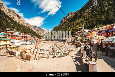 The temple town of Gangotri in the Indian Himalayas near the source of the sacred Ganges River. Stock Photo