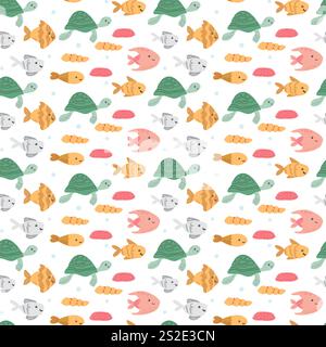 Colorful sea creatures pattern with turtles and fish on white background. Stock Vector