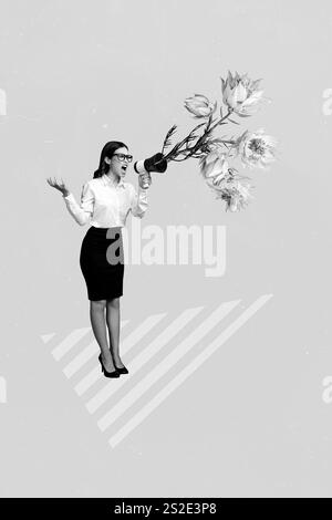 Creative photo 3d collage artwork poster of furious young woman screaming demand employees working hard isolated on painting background Stock Photo