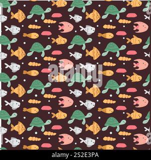 Colorful marine animal pattern with turtles, fish, and seashells on dark background. Stock Vector