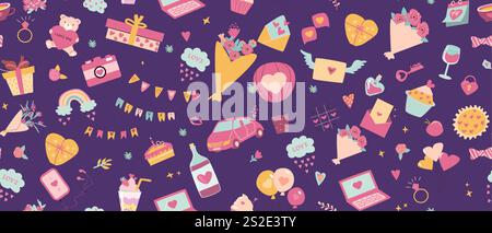 Colorful valentine's day pattern with hearts, gifts, and love themed icons. Stock Vector