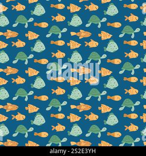 Colorful marine pattern with turtles, fish, and pufferfish on blue background. Stock Vector