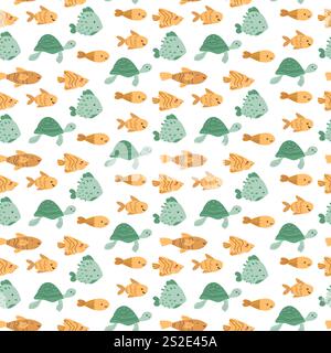 Colorful fish and turtles pattern on white background. Stock Vector
