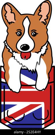 Adorable corgi peeking from a UK flag pocket, vector format, perfect for patriotic designs, pet lovers, and stylish apparel Stock Vector
