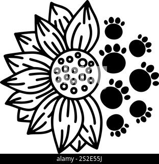 Sunflower silhouette with pet paw prints replacing leaves, ideal for pet lovers' designs, vector format for creative use Stock Vector