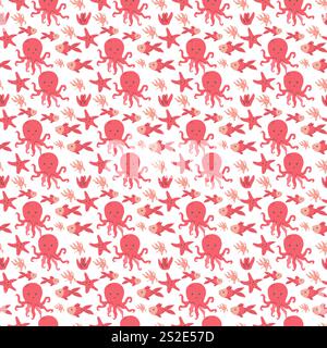 Seamless pattern of red octopuses and fish on white background. Stock Vector