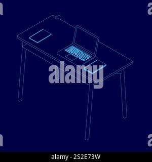 Blue desk with a laptop and a keyboard on it. There are two books on the desk as well. Isometric view Stock Vector
