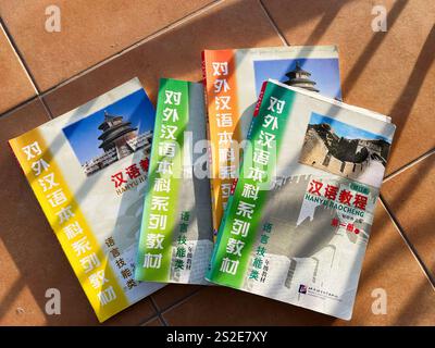 Kyiv, Ukraine - January 07, 2025: A collection of textbooks for learning foreign languages lies on a tiled floor, illuminated by sunlight, displaying Stock Photo