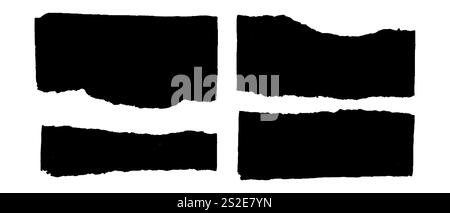 Torn pieces of tape paper, oblong black scotch tapes, vintage silhouette stickers torn edge, vector illustration Stock Vector