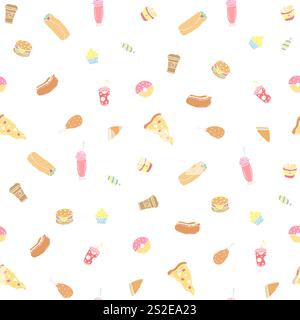 Seamless fast food pattern. fast food illustration. Drawn food pattern Stock Photo