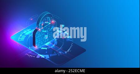 Data protection. Isometric image of a smartphone with a picture of a lock and various technological elements. Stock Vector